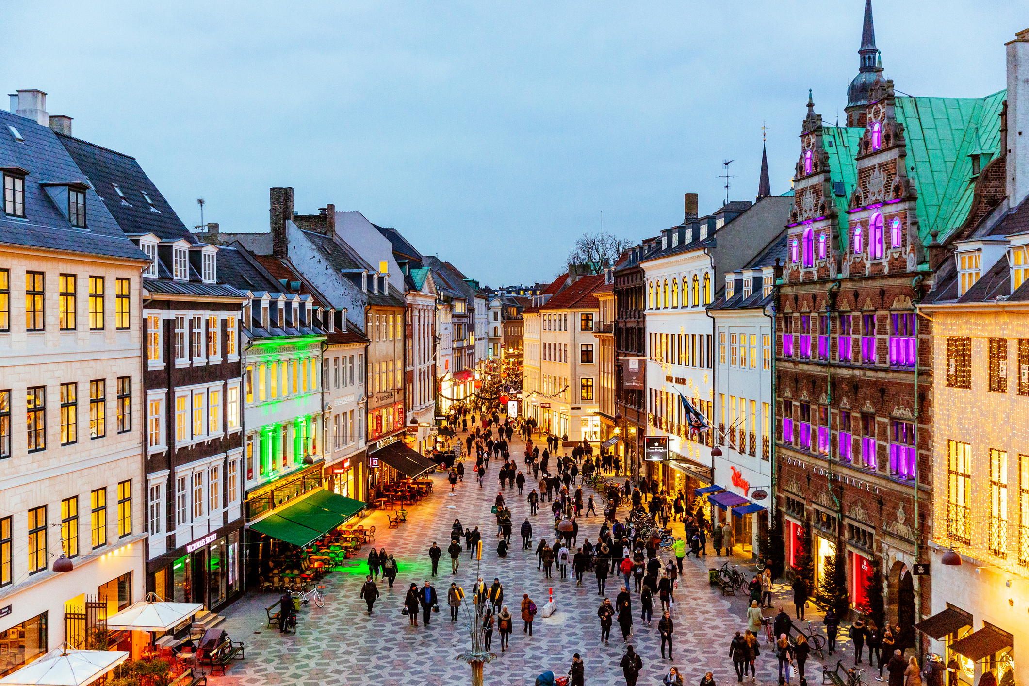 A street in Copenhagen, lit up by Christmas decorations.